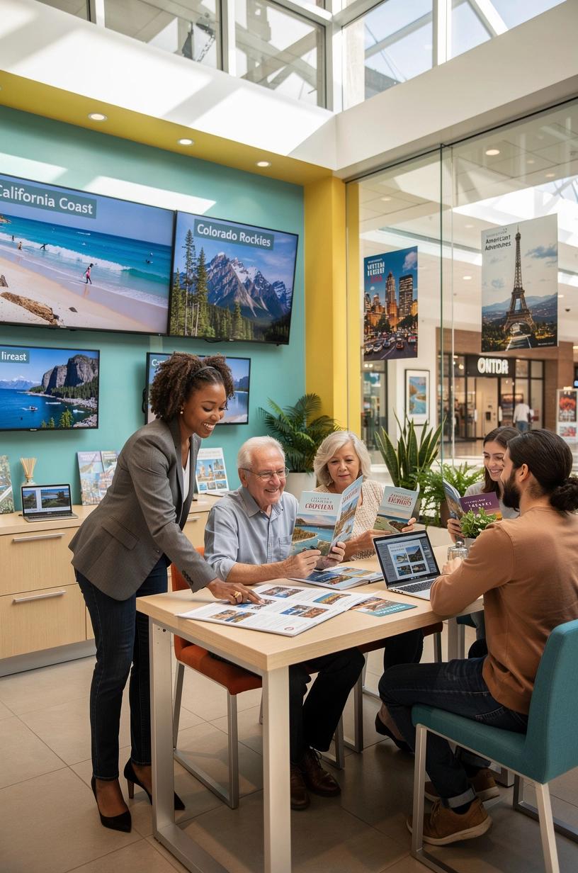 Просторное помещение студии в торговом центре с удобными рабочими зонами для подготовки индивидуальных туристических планов.