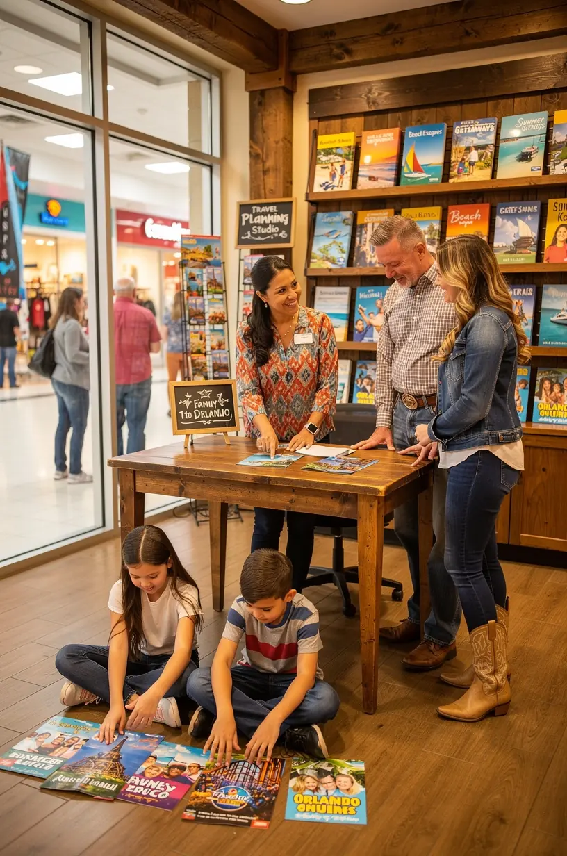 Консультант по путешествиям помогает клиенту в торговом центре, обсуждая подробный план поездки по США.