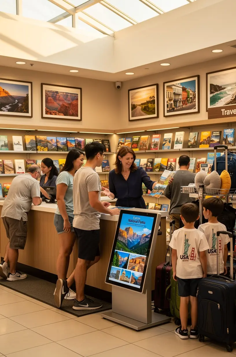 Информационный стол с печатными маршрутами и картами для путешествий по разным штатам Америки.